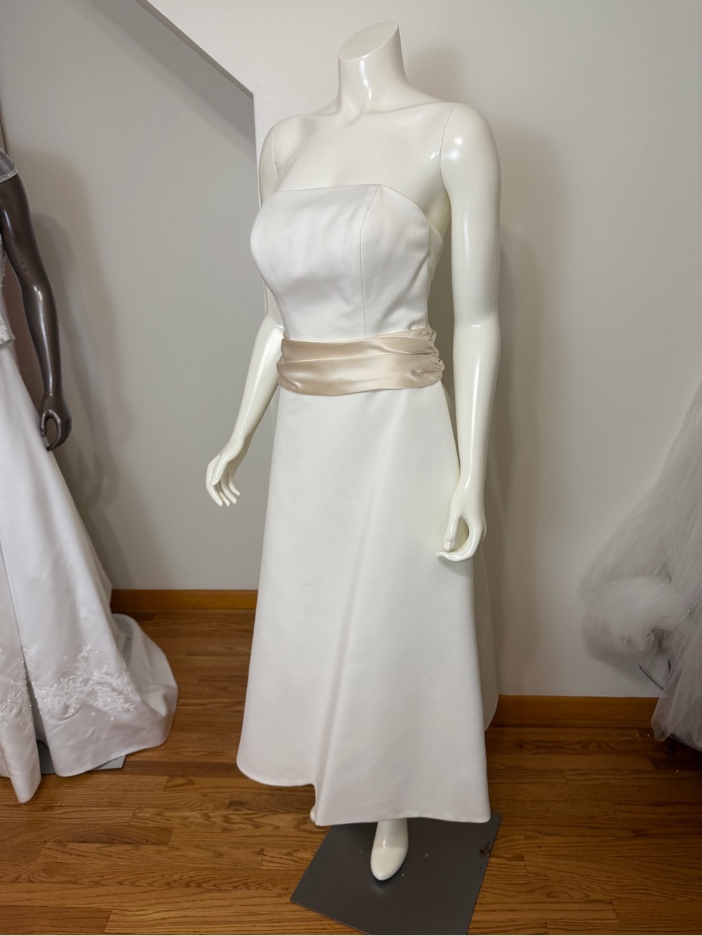 David's Bridal Ivory wedding Dress with Champagne Sash and wrap.